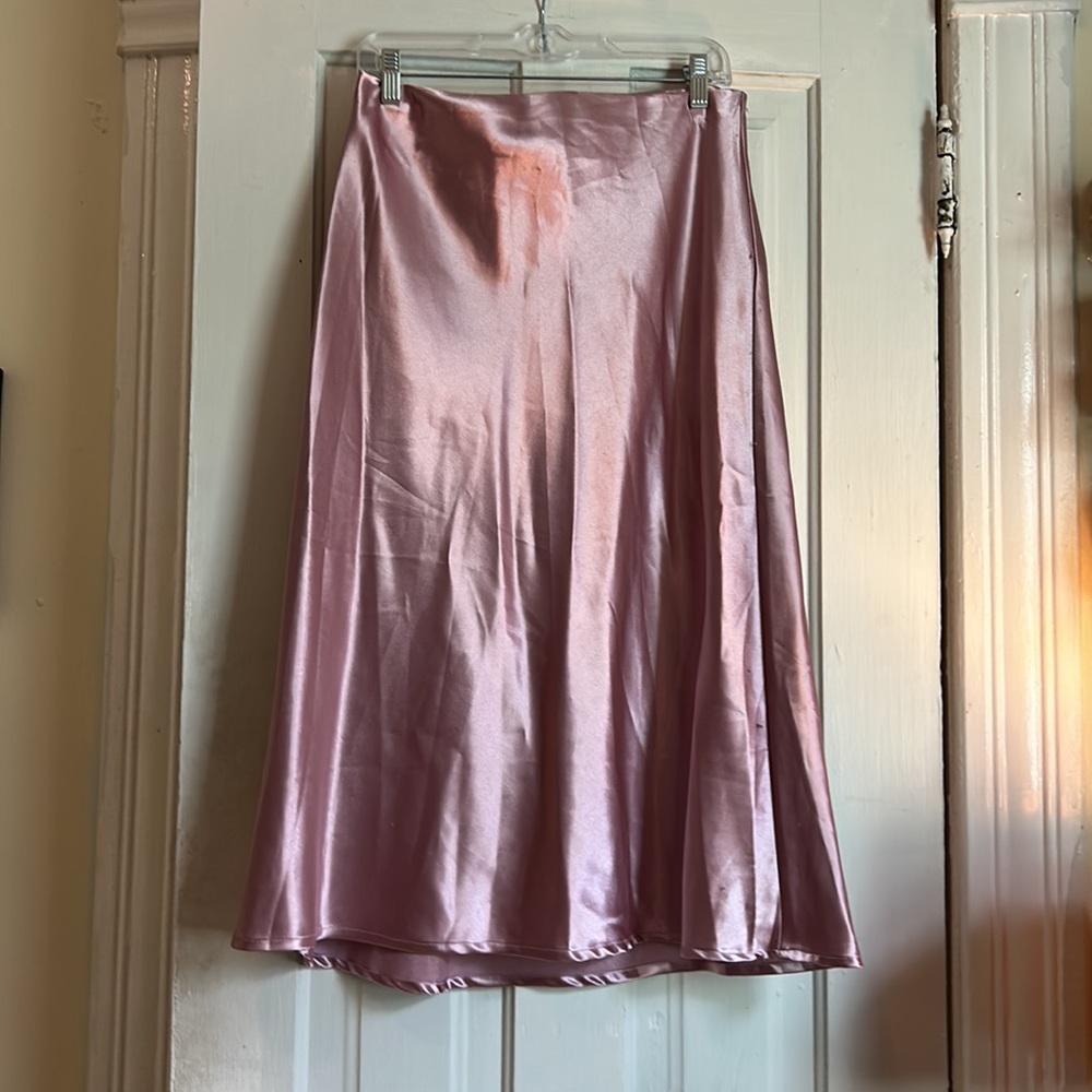 Pink satin midi slip skirt
